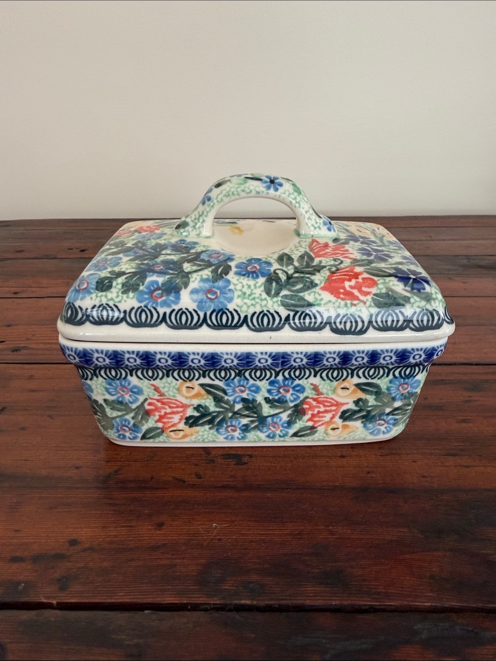 Handmade Polish Pottery Butter Box / Trinket Box With Florals and Butterfly.